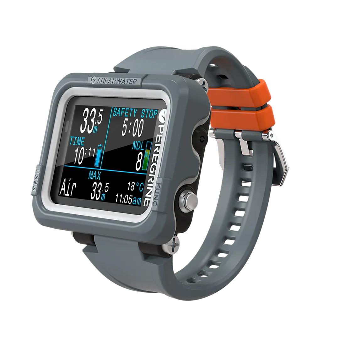 Shearwater Peregrine Adventures Dark Edition, angled view with grey case and strap and orange strap retainers