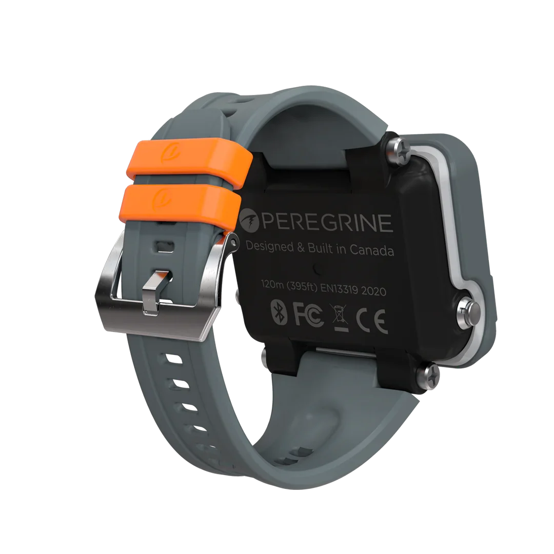 Shearwater Peregrine Dark Edition, rear view showing the orange strap retainers and the 120m depth rating marking