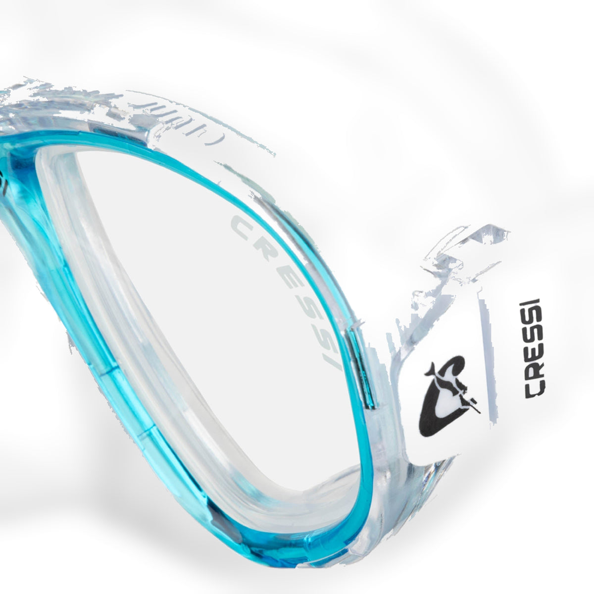 Close-up of the aquamarine frame and clear silicone of the Perla Junior