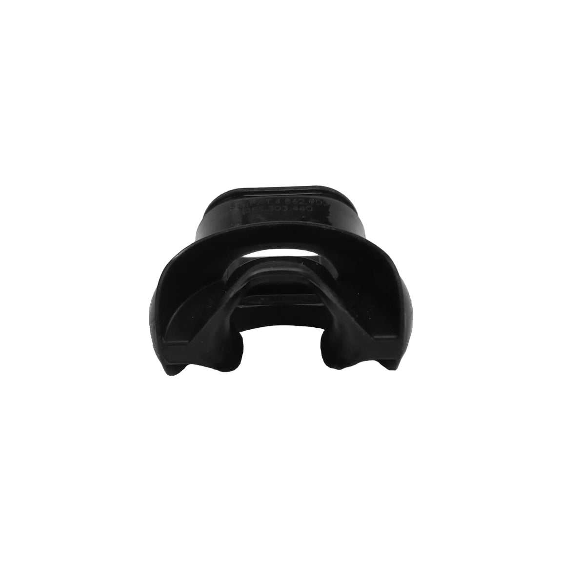 Aqua Lung Comfo mouthpiece in black silicone seen from above, showing the shaped flange and the pair of bite tabs