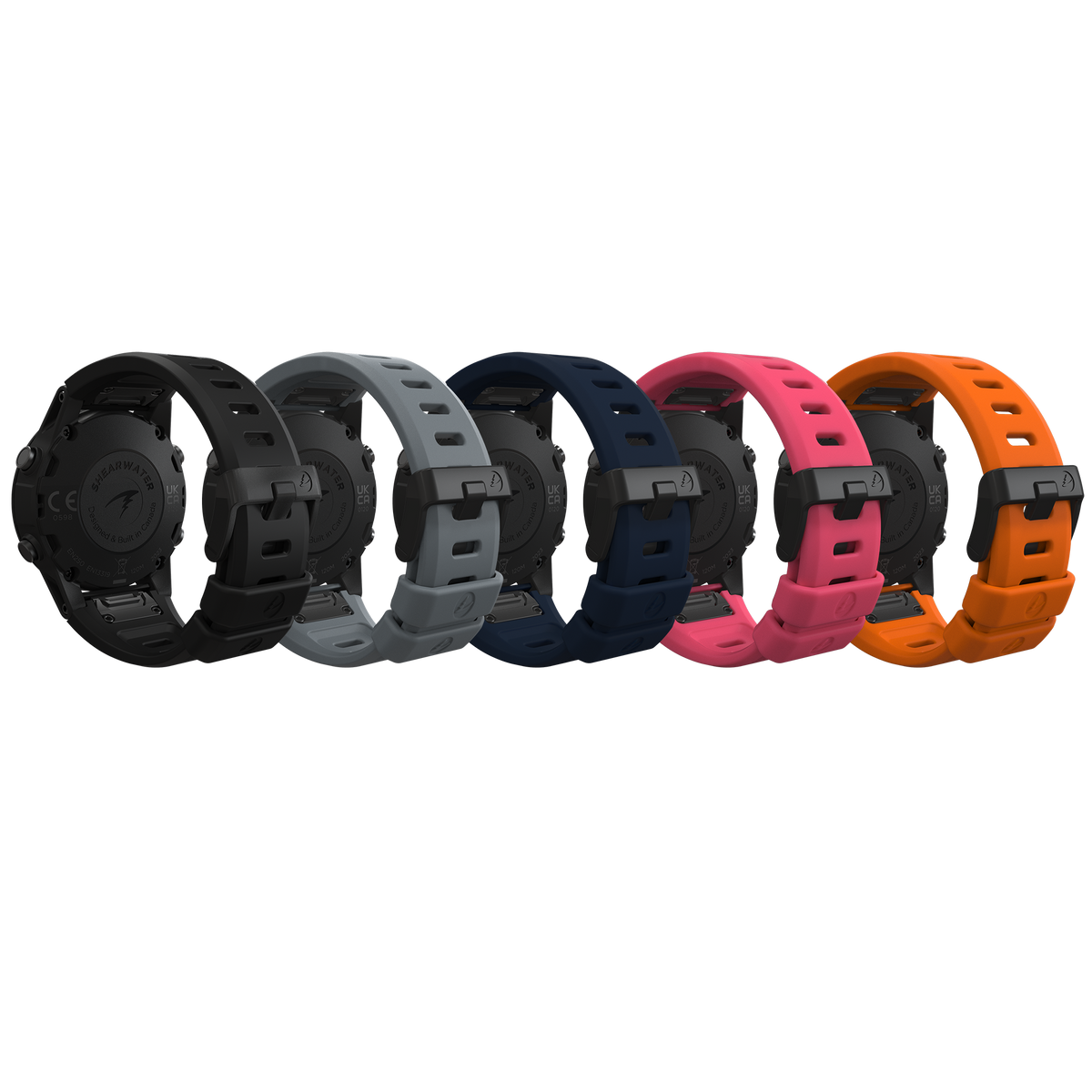 Shearwater Remora band strap kits laid out in black, navy, grey, pink and orange