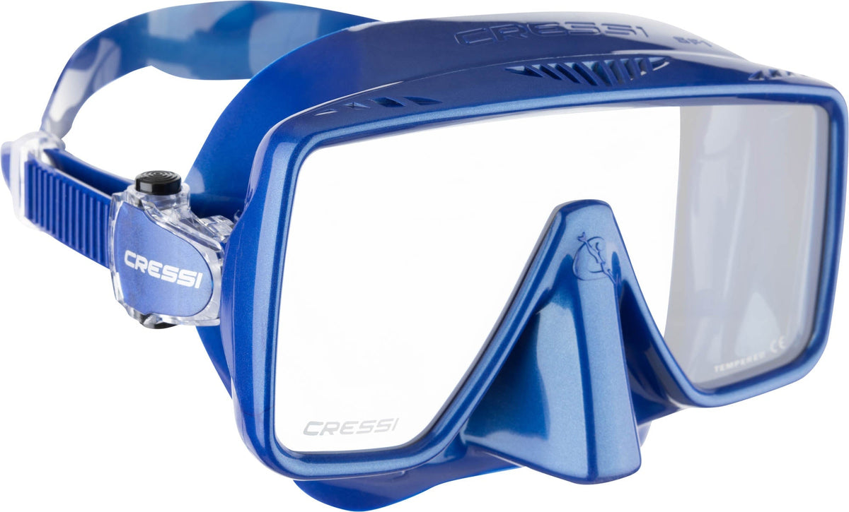 Blue SF1 turned to the side, showing the frame edge and the strap tab