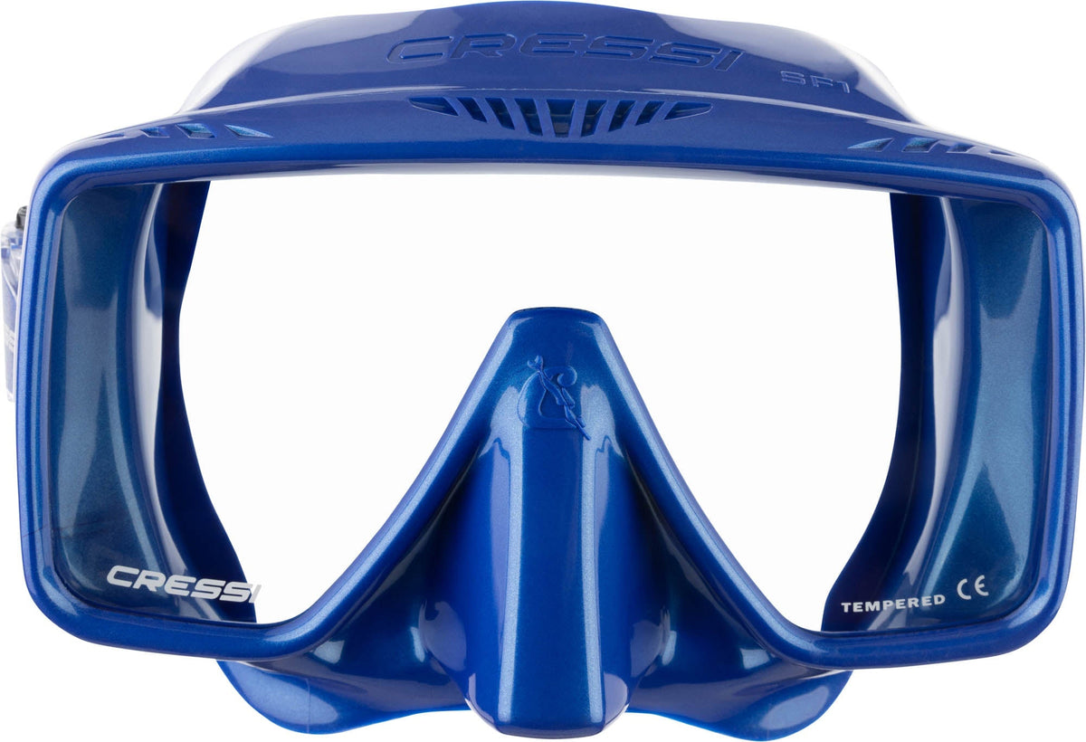 Head-on view of the SF1 in blue with a single lens and moulded nose pocket
