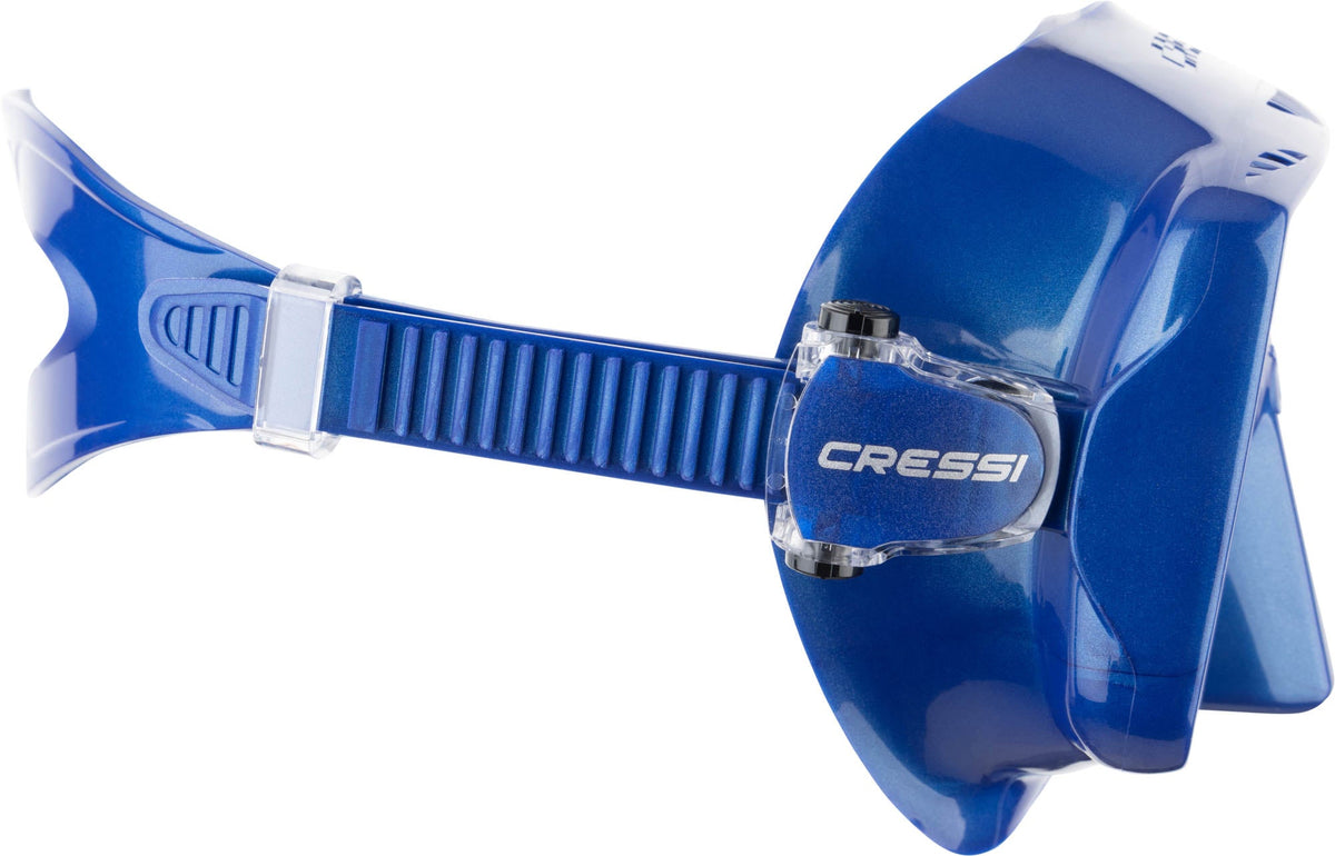 Side view of the blue SF1 with its split strap folded across the skirt