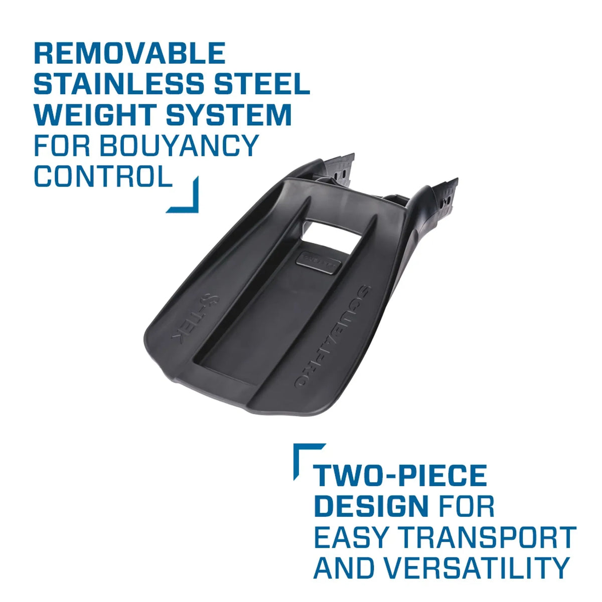 SCUBAPRO S-Tek Blade MFS infographic showing the removable stainless weight system and two-piece design