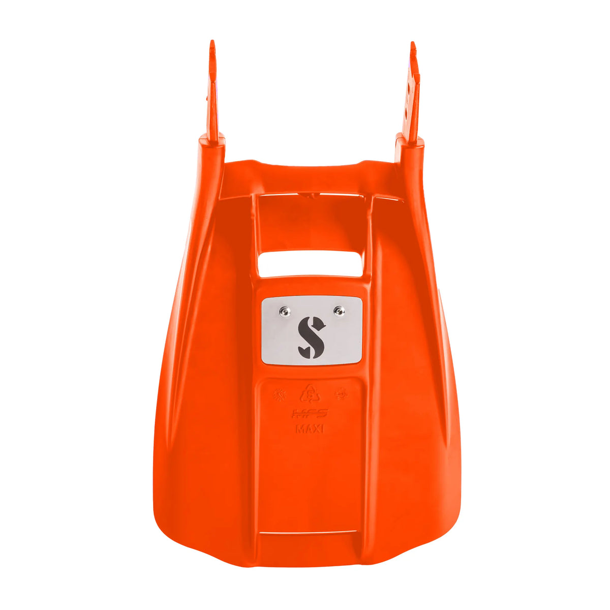 SCUBAPRO S-Tek Blade MFS Orange, underside view with the stainless SCUBAPRO plate