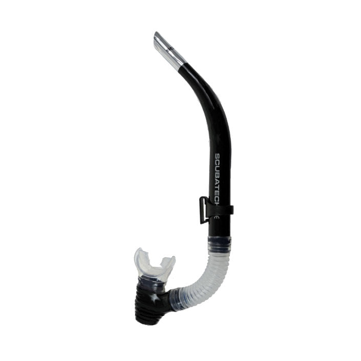 Scubatech SK 02 snorkel in black with purge valve and flexible clear lower section