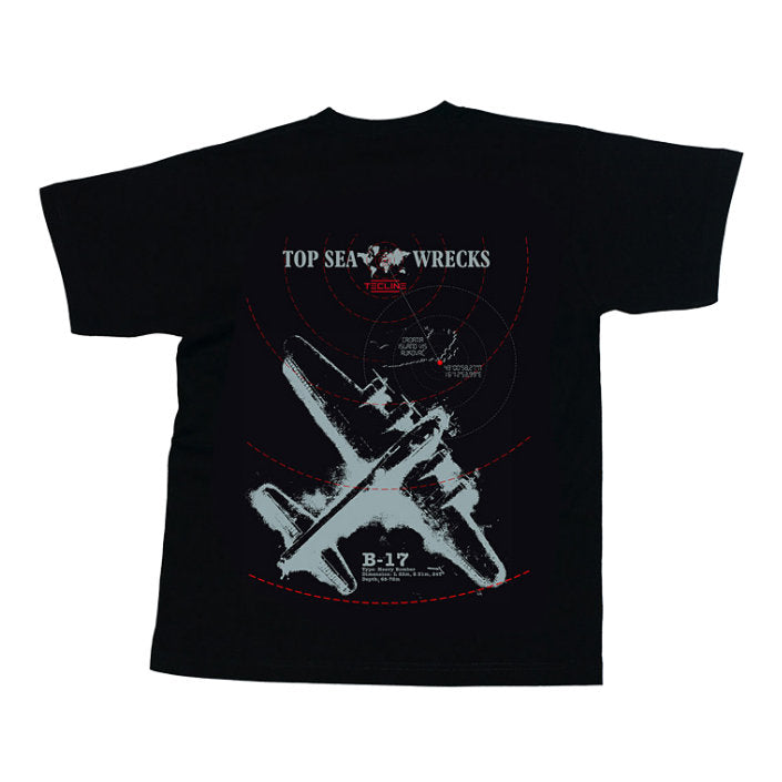Tecline black B-17 T-shirt with a grey bomber print, map and red range rings
