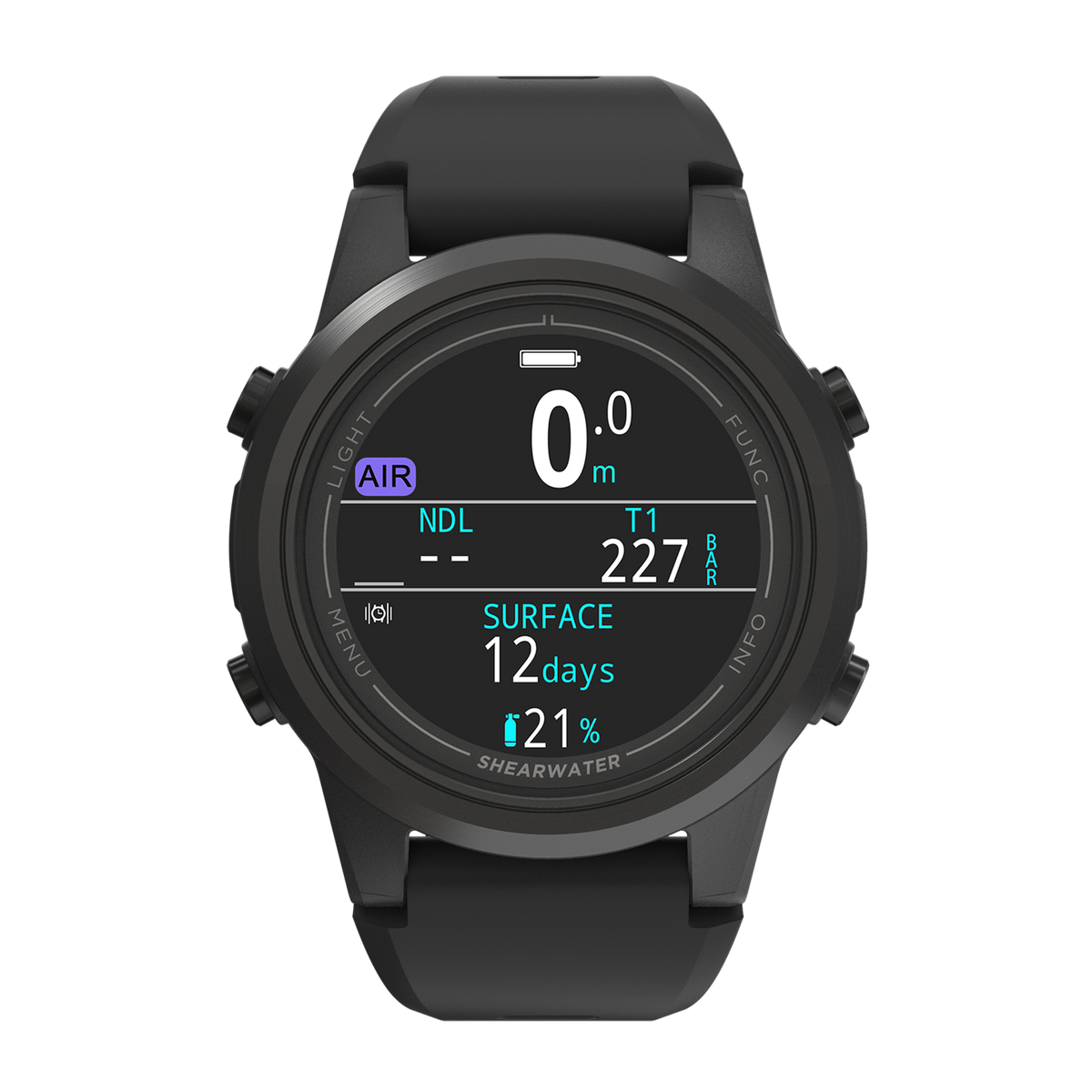 Shearwater Tern TX with black bezel, front view showing the GPS indicator and transmitter tank pressure