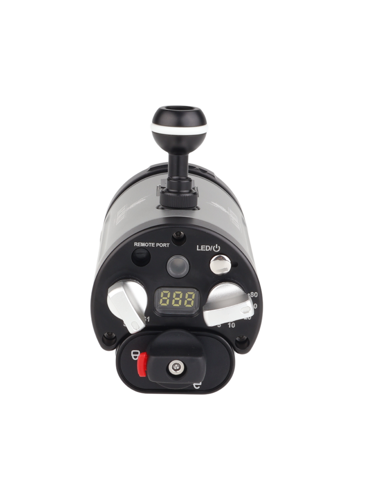 Kraken KR-S80 underwater strobe with round flash tube and ball mount, front three-quarter view