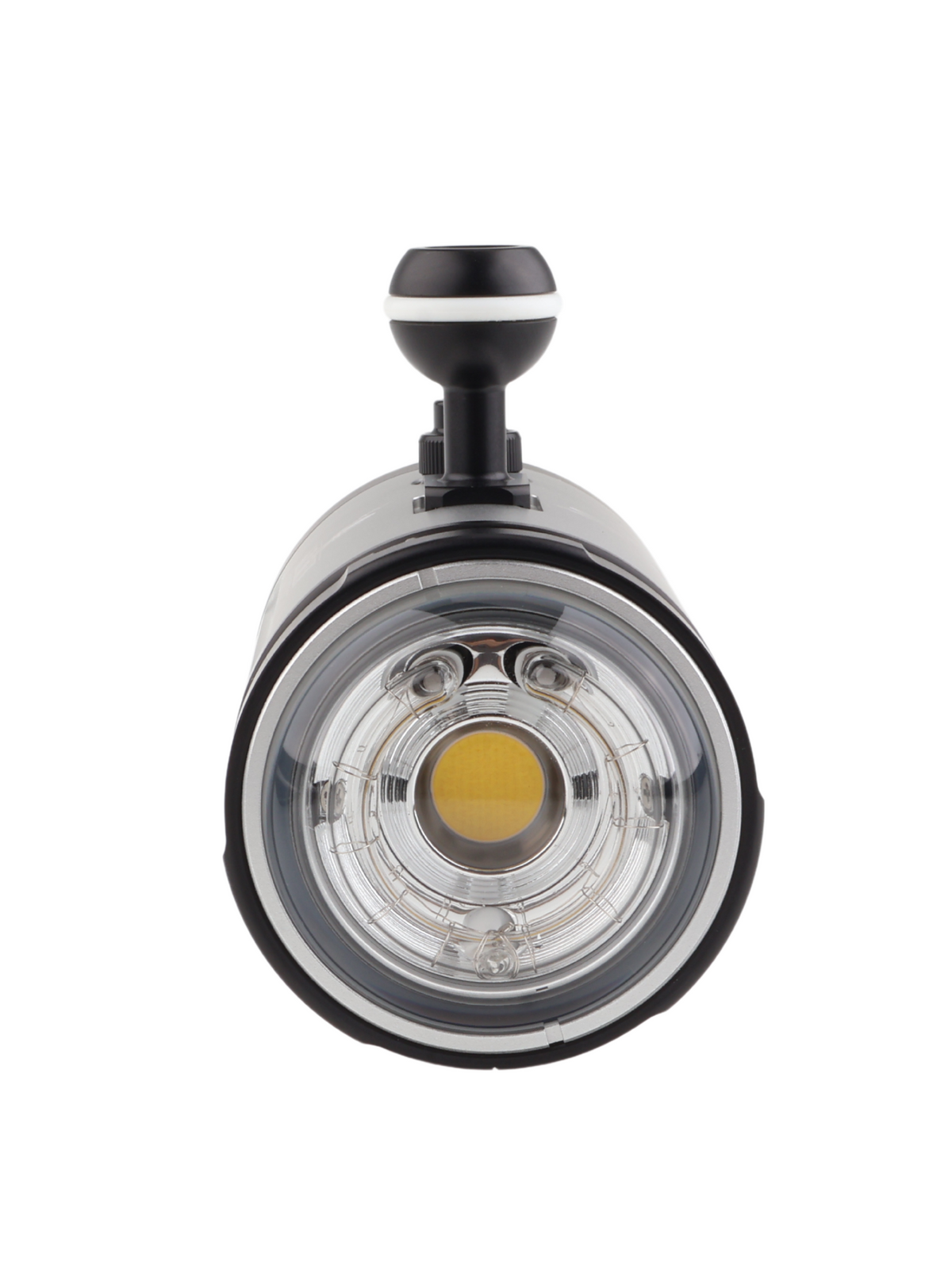Kraken KR-S80 underwater strobe with round flash tube and ball mount, front three-quarter view