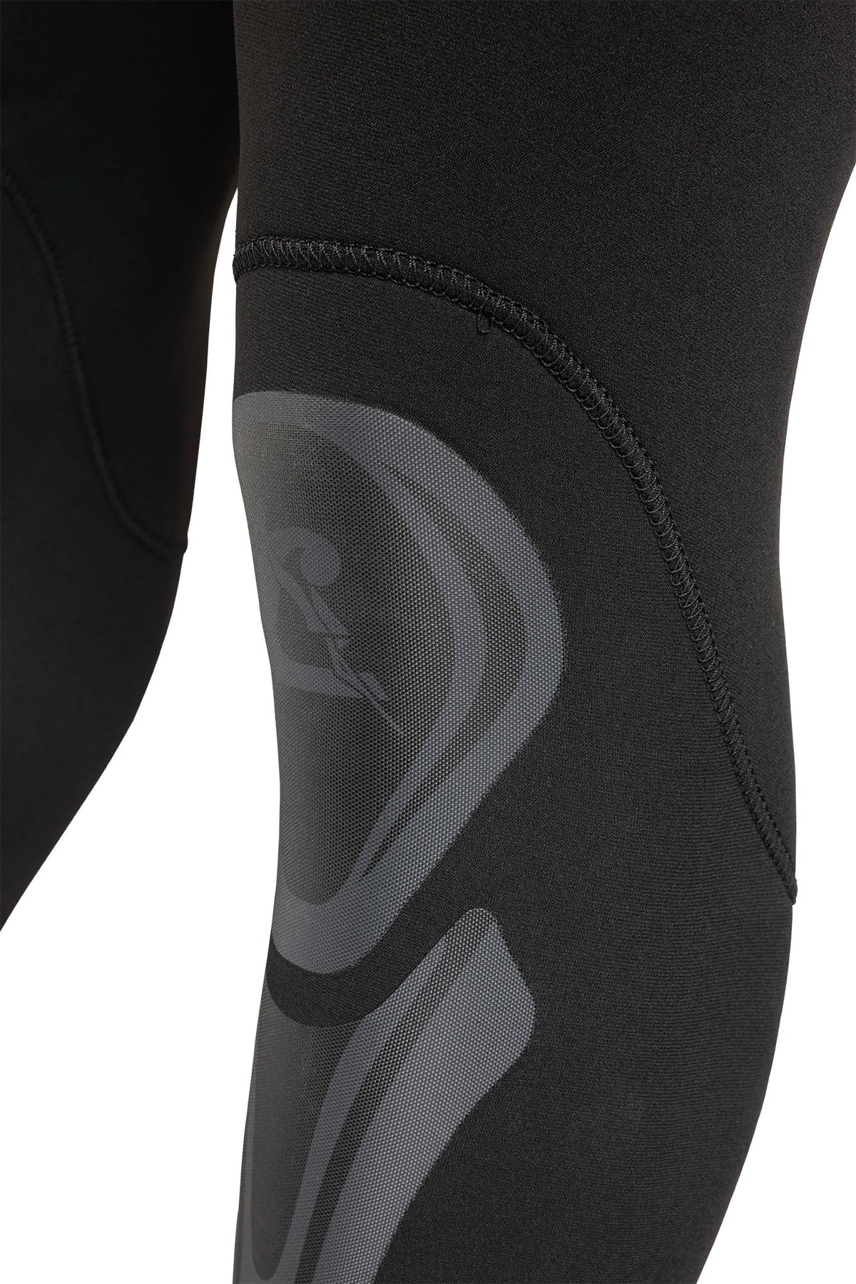 Knee area of the Apnea trousers showing the moulded grey reinforcement