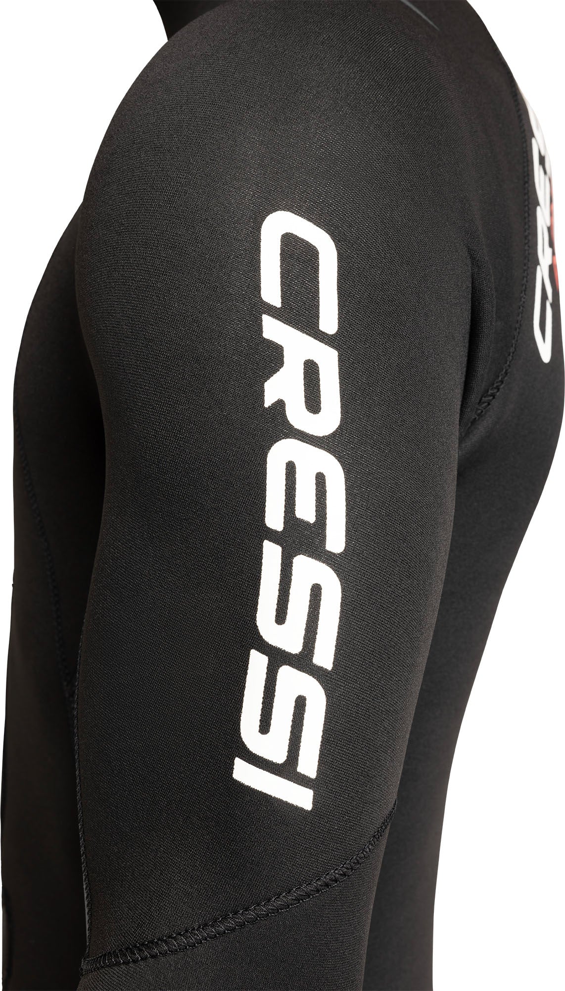 Detail of the Cressi lettering running down the sleeve of the Apnea suit