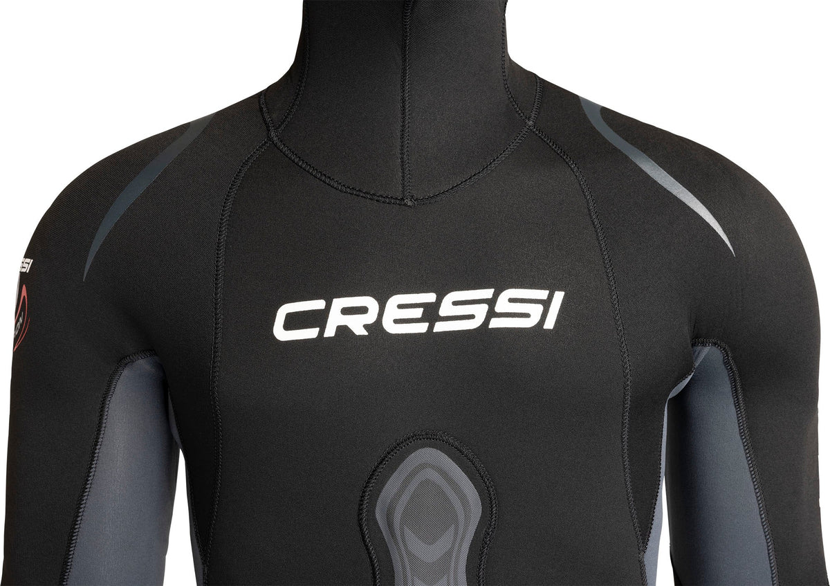 Chest panel of the Apnea suit with the white Cressi logo and grey loading pad