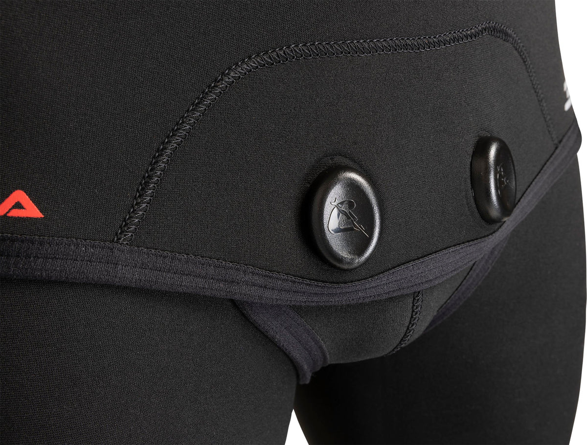 Close-up of the two press studs on the crotch flap of the Apnea trousers