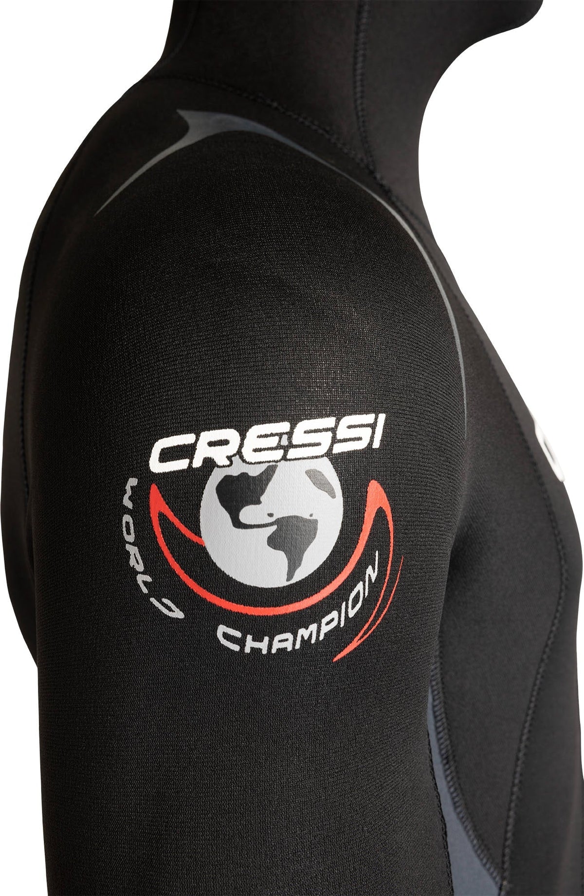Rear shoulder detail with the Cressi World Champion print on black neoprene