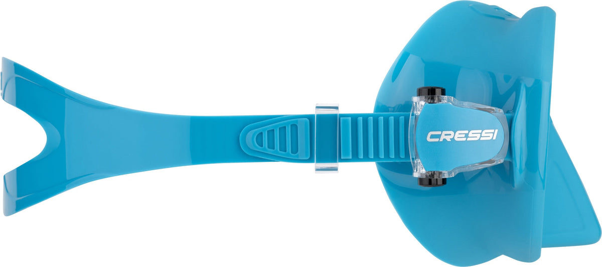 Rear view of the Cressi Z2S turquoise mask showing the silicone skirt and split strap