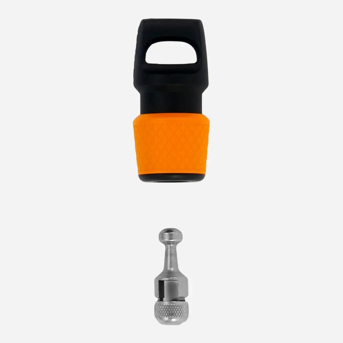 Aqua Lung ADL System in black and orange, the magnetic latch body shown above its chrome ball pin adapter