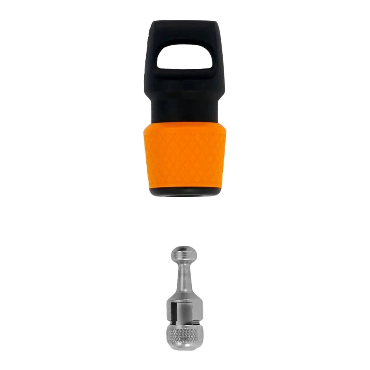 Aqua Lung ADL System in black and orange, the magnetic latch body shown above its chrome ball pin adapter