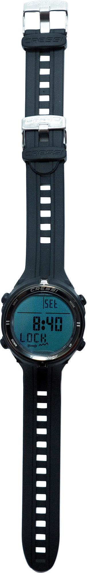 Black rubber strap extender for Cressi dive watches with its steel buckle