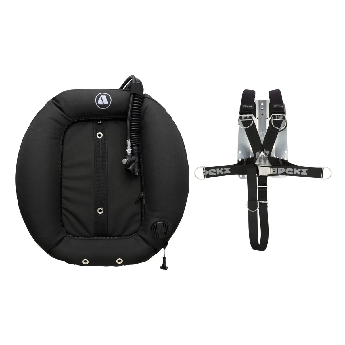 Apeks WTX-D40T twin wing in black and Apeks Deluxe harness on a stainless steel backplate