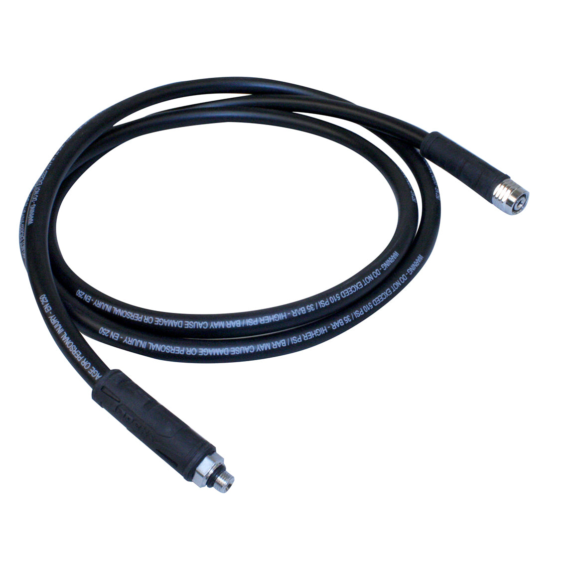 Apeks 2.1 m low pressure regulator hose in black, coiled, showing both double swivel end fittings