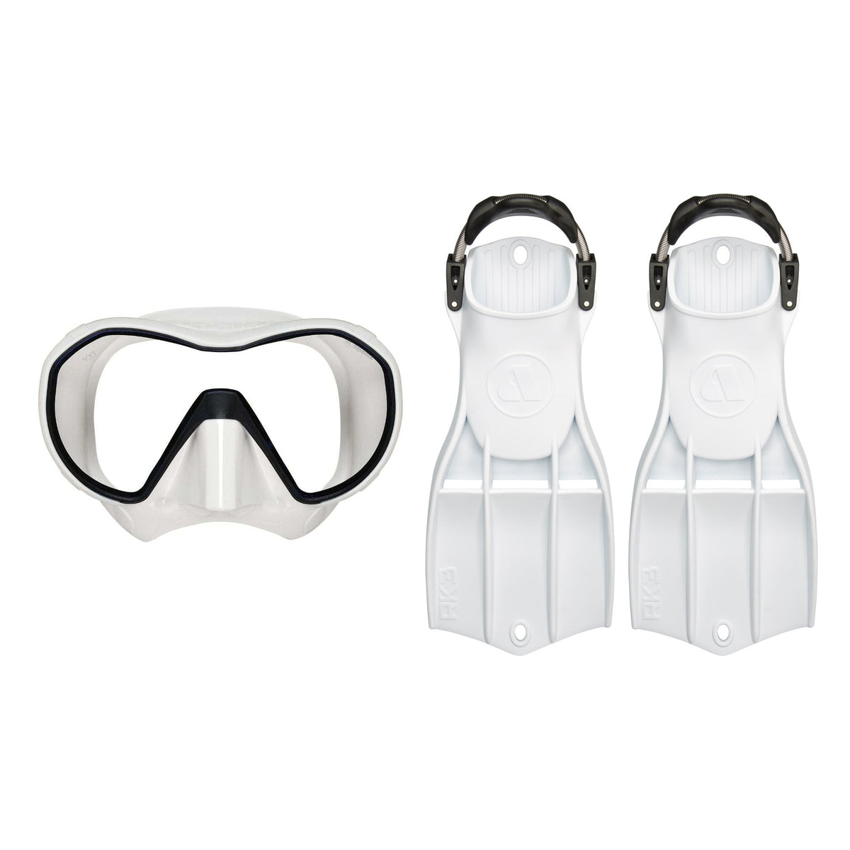 Apeks VX1 mask in white with a clear lens, and RK3 fins in white