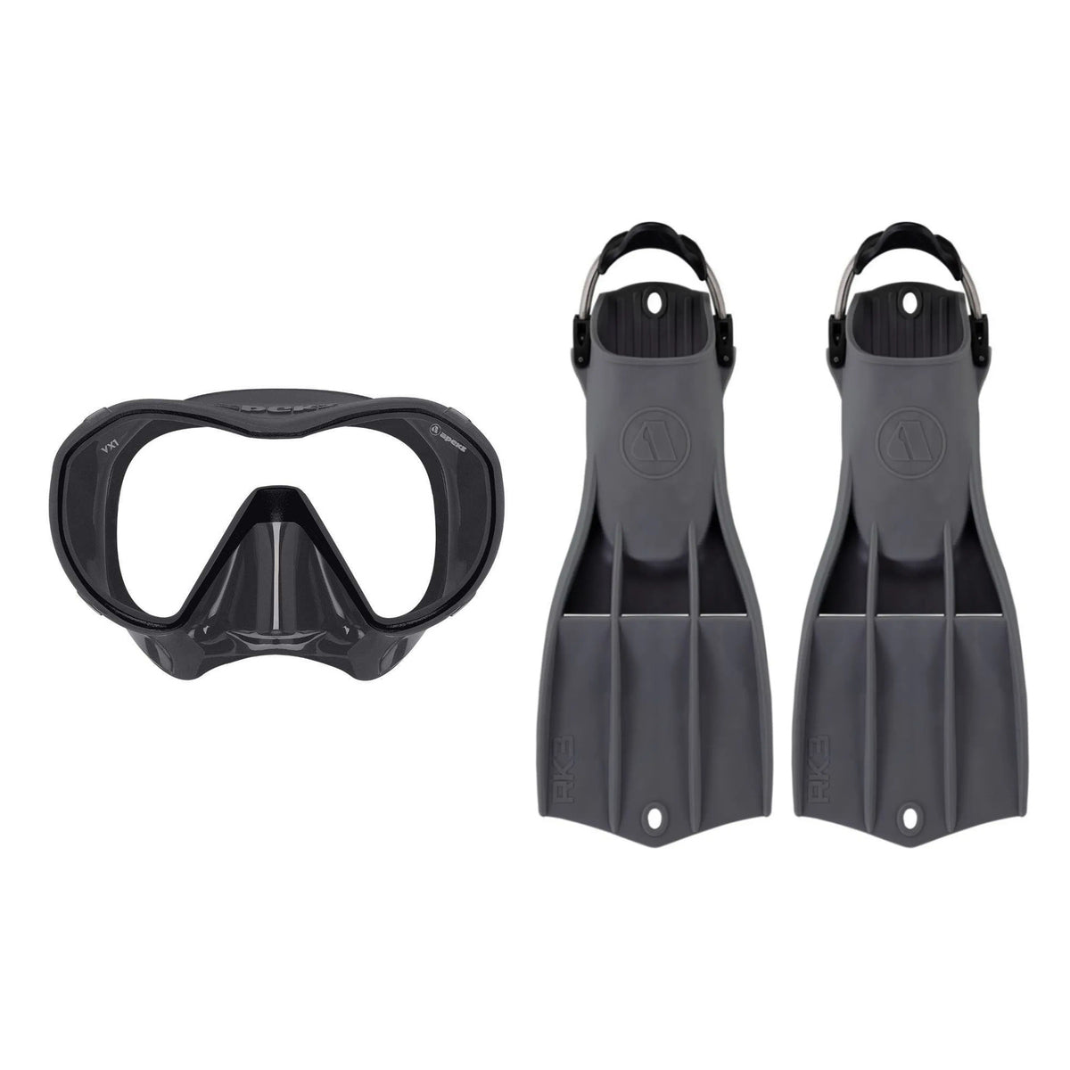 Apeks VX1 mask in dark grey with a clear lens, and RK3 HD fins in dark grey