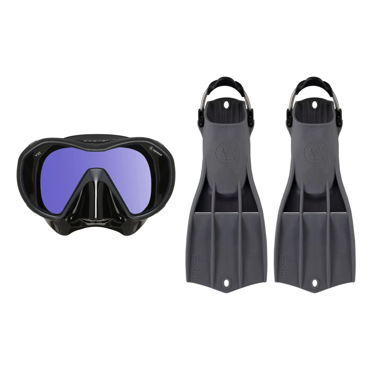 Apeks VX1 mask in dark grey with a mirrored UV lens, and RK3 HD fins in dark grey
