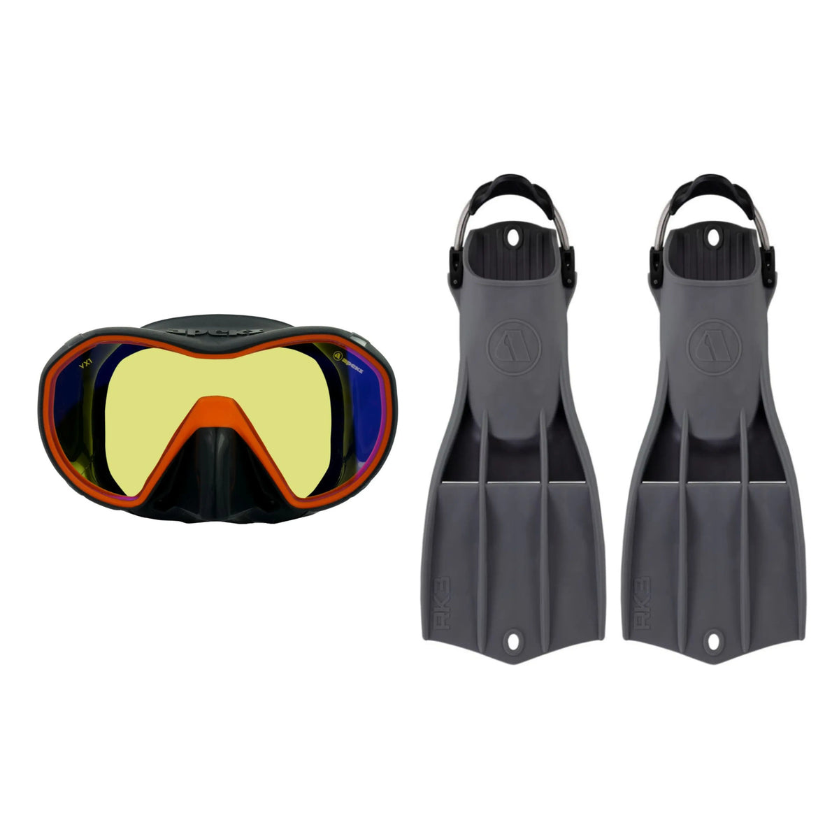 Apeks VX1 mask in dark grey with orange frame with a mirrored UV lens, and RK3 HD fins in dark grey
