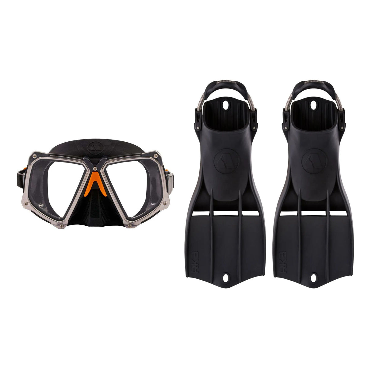 Apeks VX2 mask in black with stainless frame, and RK3 HD fins in black