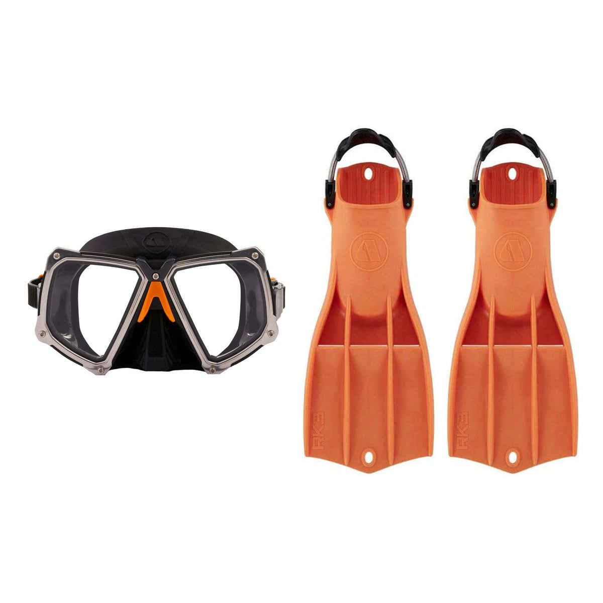 Apeks VX2 mask in black with stainless frame, and RK3 HD fins in orange