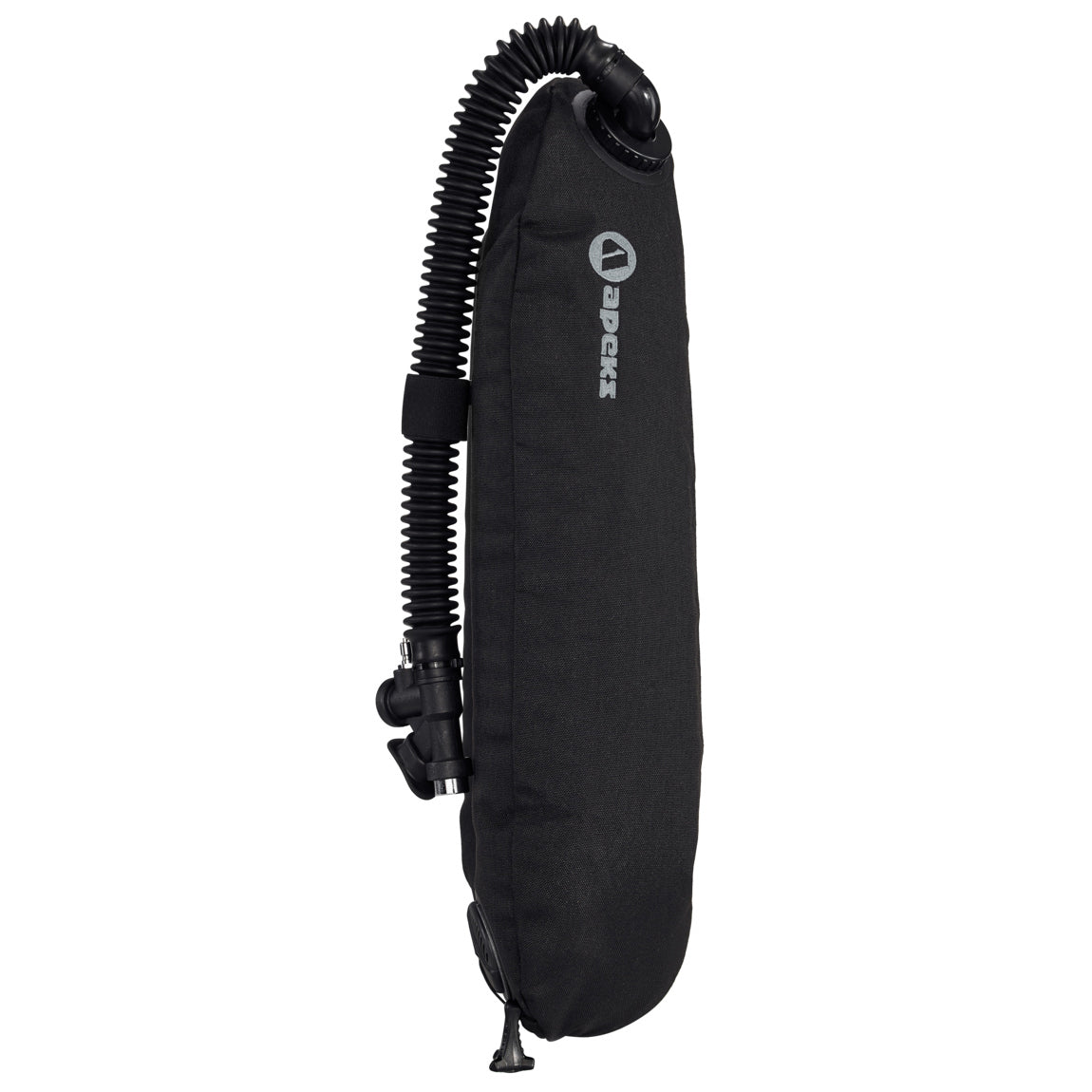 Apeks WTX-D30 single cylinder donut wing with the corrugated inflator hose, showing the cylinder mounting slots