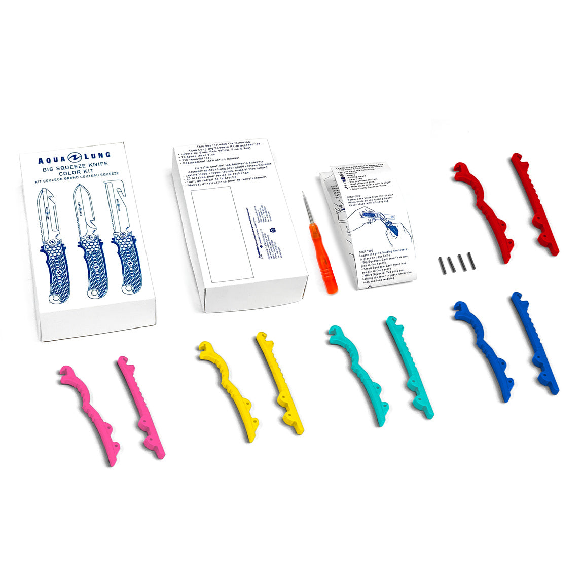 Aqua Lung Big Squeeze Colour Kit laid out, showing levers in red, pink, yellow, teal and blue with the tool, pins and instructions