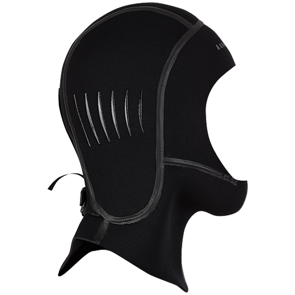 Aqua Lung Fusion zippered dive hood in black, side profile showing the face opening and panel construction