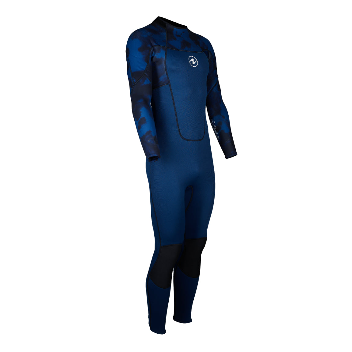 Aqua Lung Hydroflex 3 mm men's full wetsuit in navy with a blue print on the shoulders and arms, front view