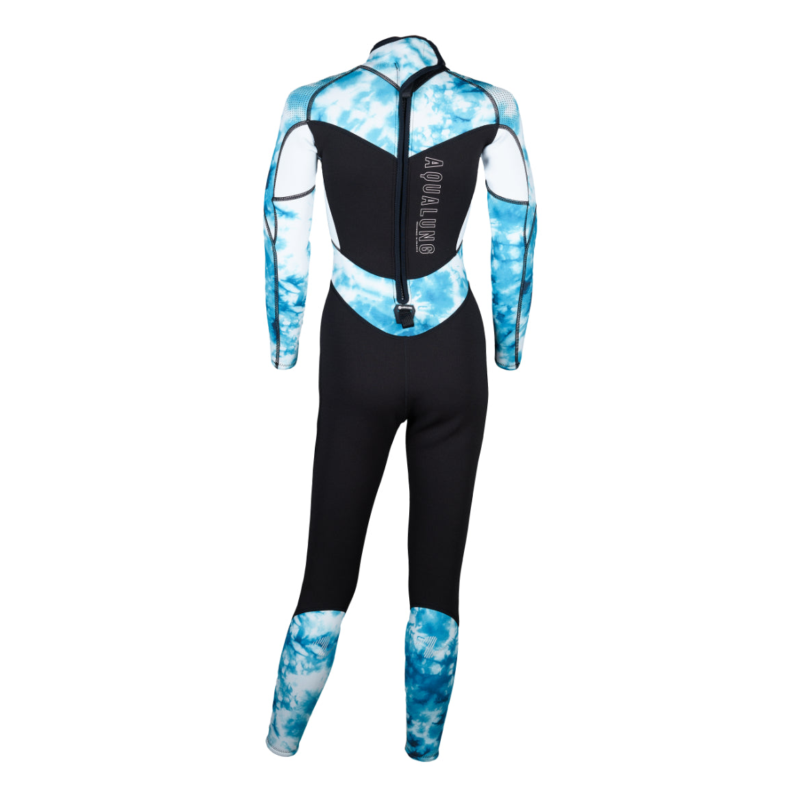Aqua Lung Hydroflex 3 mm women's full wetsuit in black with a turquoise print on the arms and lower legs, front view