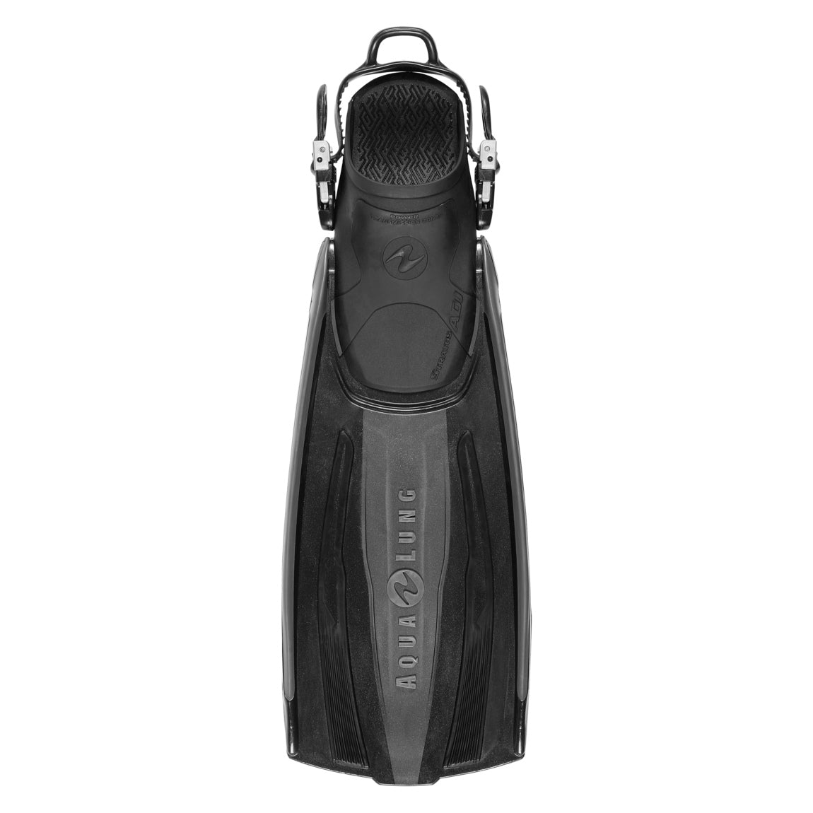 Aqua Lung Stratos ADJ open heel fin in black, top view showing the blade, foot pocket and adjustable strap