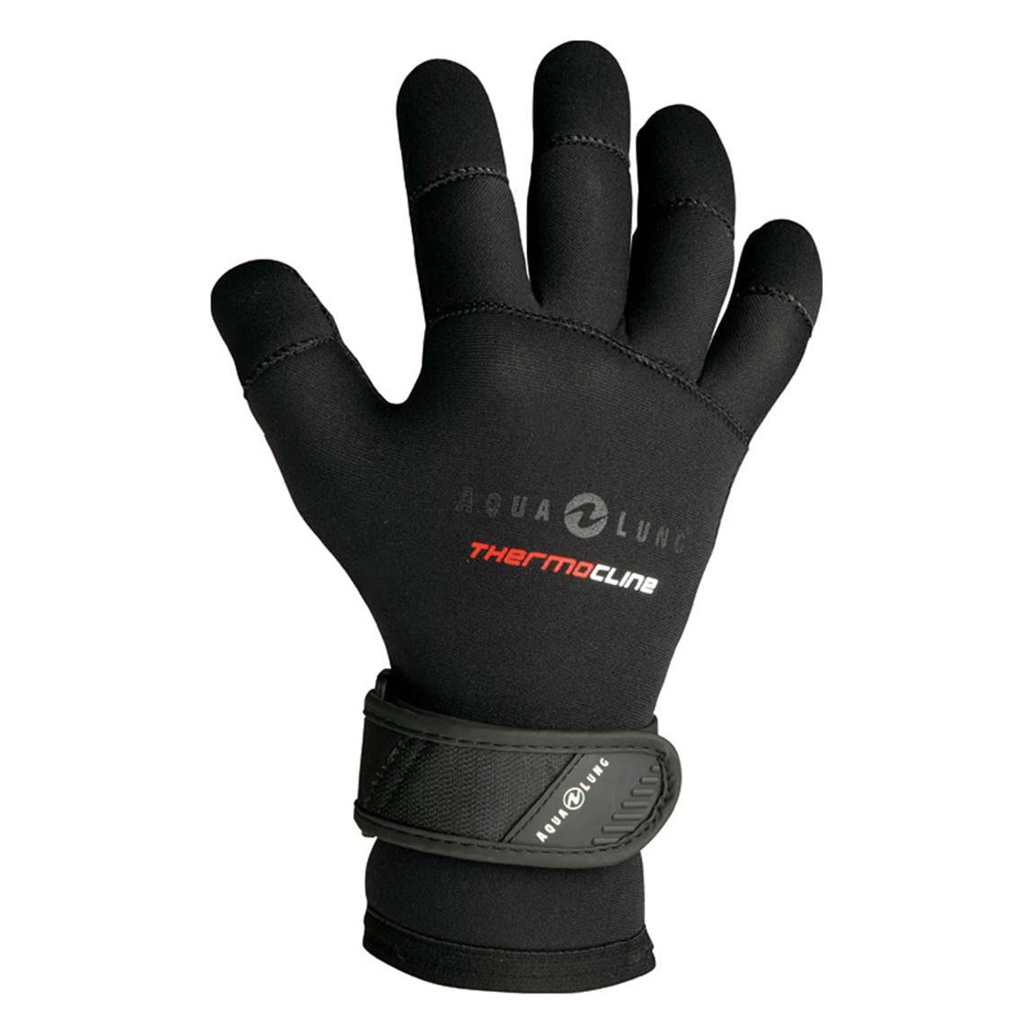 Aqua Lung Thermocline dive glove in black, back of the hand showing the logo and wrist cinch strap