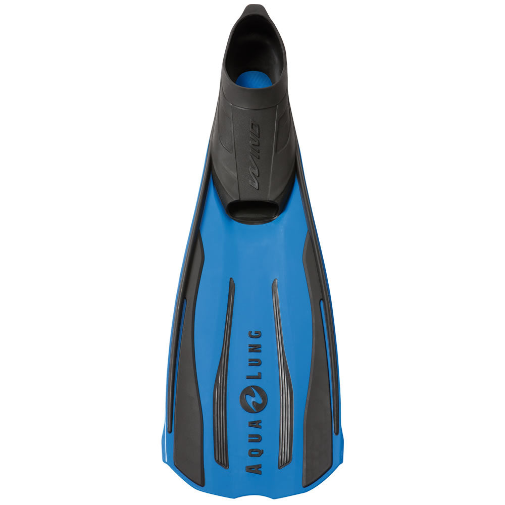 Aqua Lung Wind full foot fin in blue and black, top view showing the foot pocket and ribbed blade
