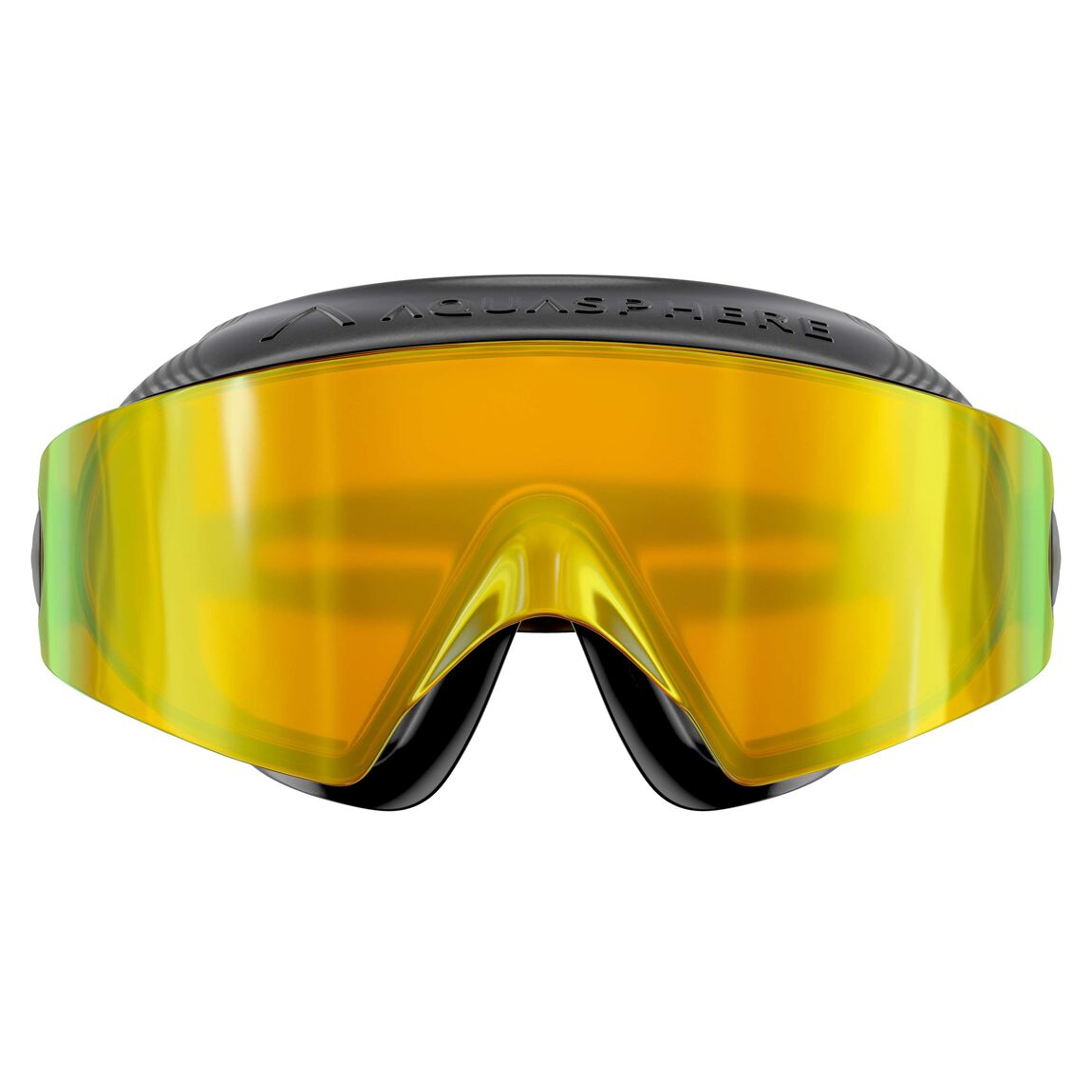 Aquasphere Defy Ultra swim mask with yellow mirrored lens and black frame, front view