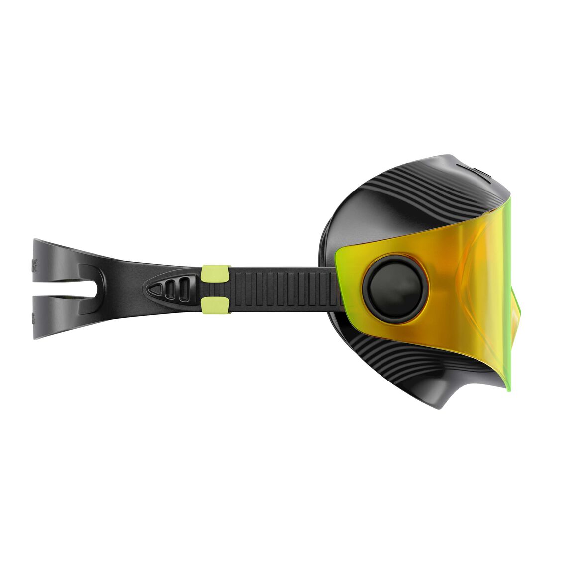Aquasphere Defy Ultra swim mask with yellow mirrored lens and black frame, view from behind showing the strap