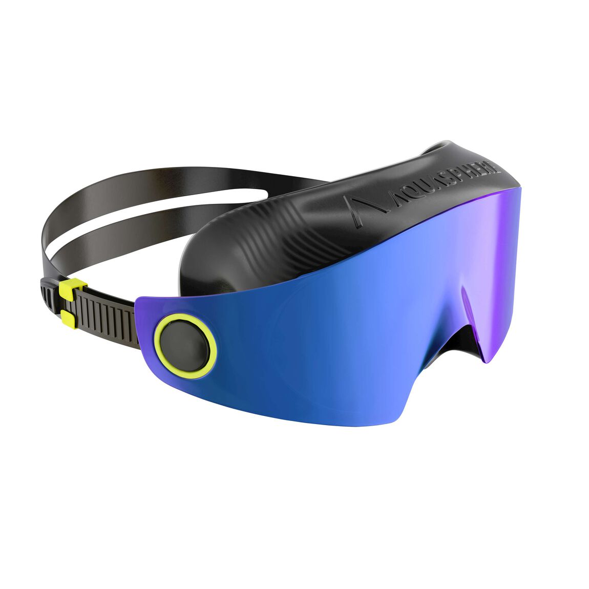 Aquasphere Defy Ultra swim mask with indigo mirrored lens and black frame, angled view