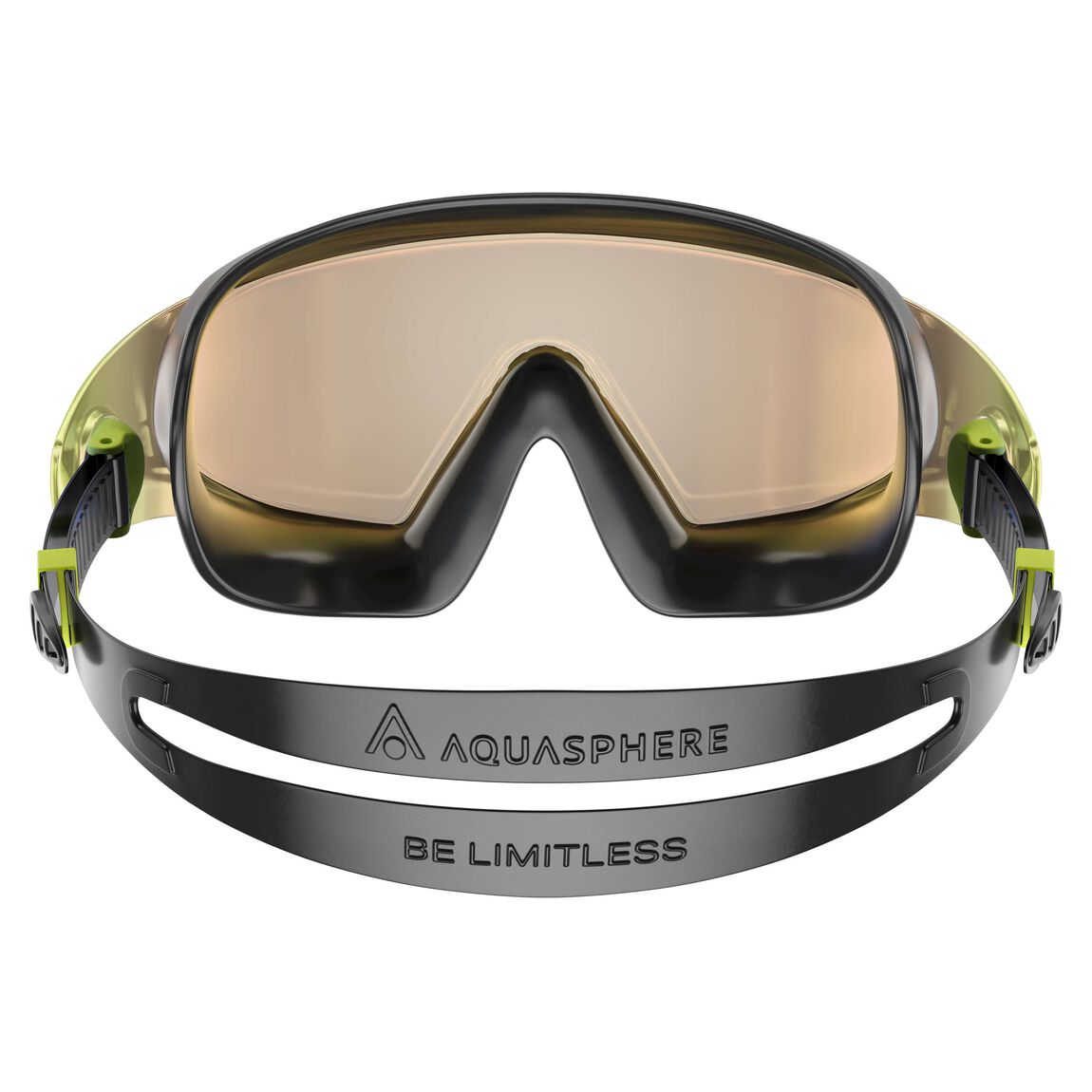Aquasphere Defy Ultra swim mask with indigo mirrored lens and black frame, view from behind showing the strap