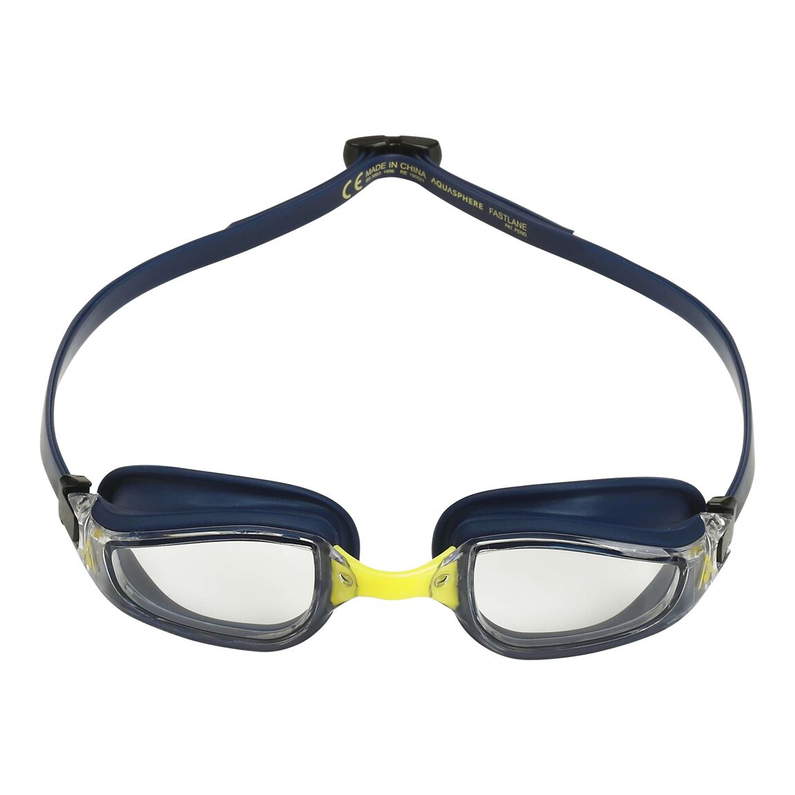 Aquasphere Fastlane swim goggles with clear lens and navy and yellow frame, front view