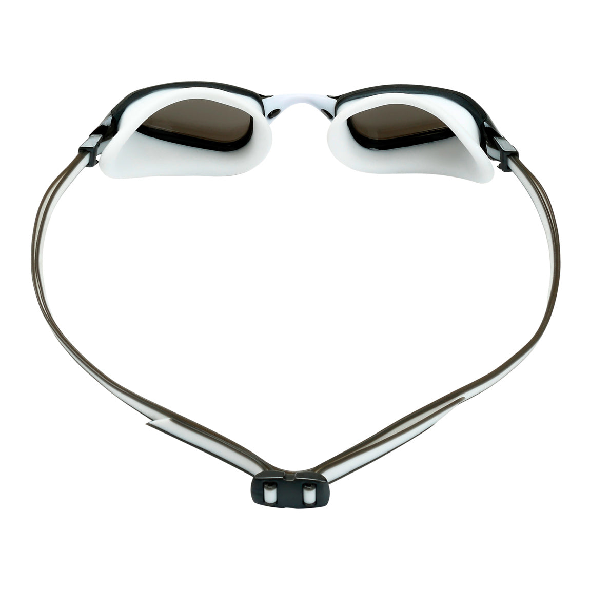 Aquasphere Fastlane swim goggles with silver mirrored lens and grey and white frame, view from behind showing the strap