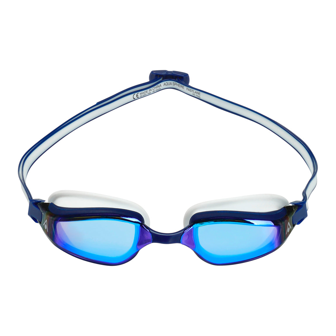 Aquasphere Fastlane swim goggles with blue mirrored lens and blue and white frame, front view