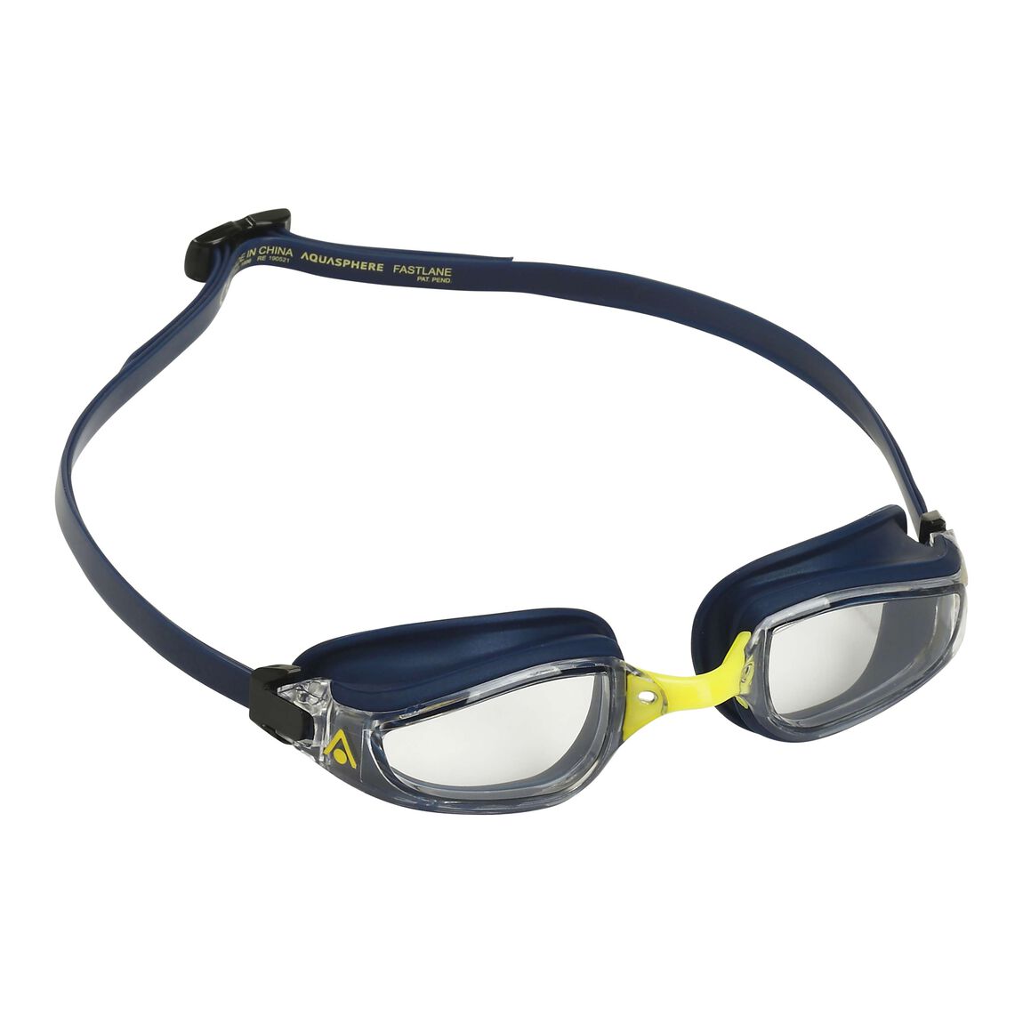 Aquasphere Fastlane swim goggles with clear lens and navy and yellow frame, front view