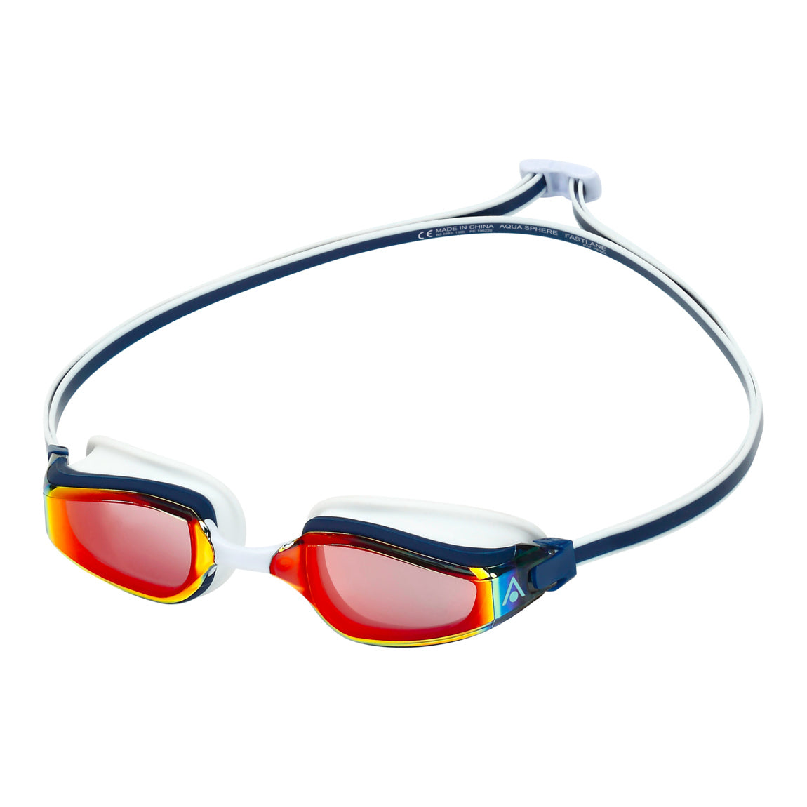 Aquasphere Fastlane swim goggles with red mirrored lens and navy and white frame, angled view