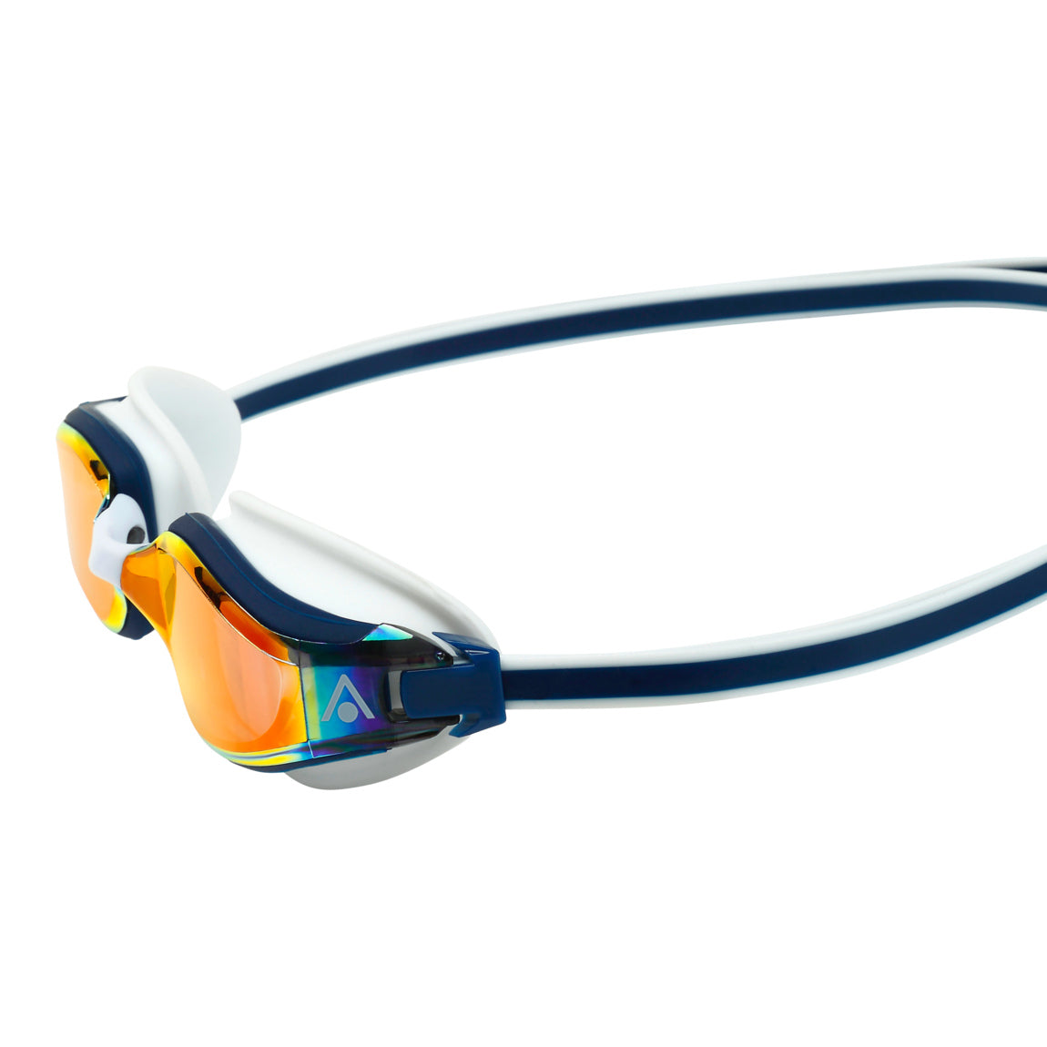 Aquasphere Fastlane swim goggles with red mirrored lens and navy and white frame, side detail view